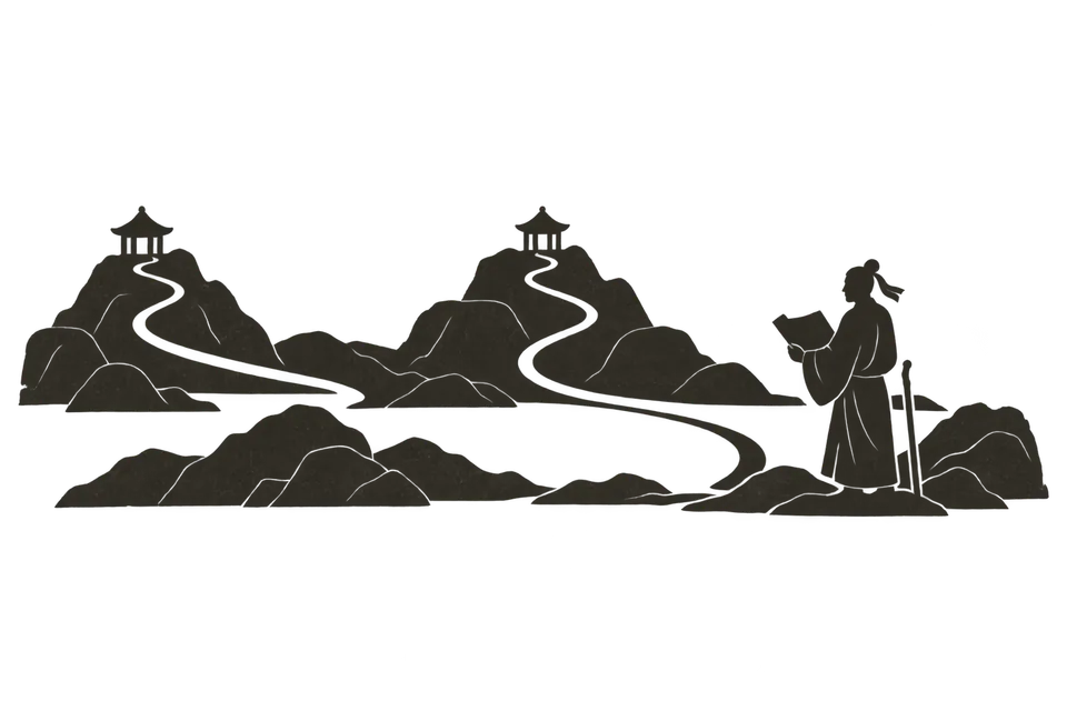 行旅者对照手中的舆图，两条山路分别通向远处的驿亭。