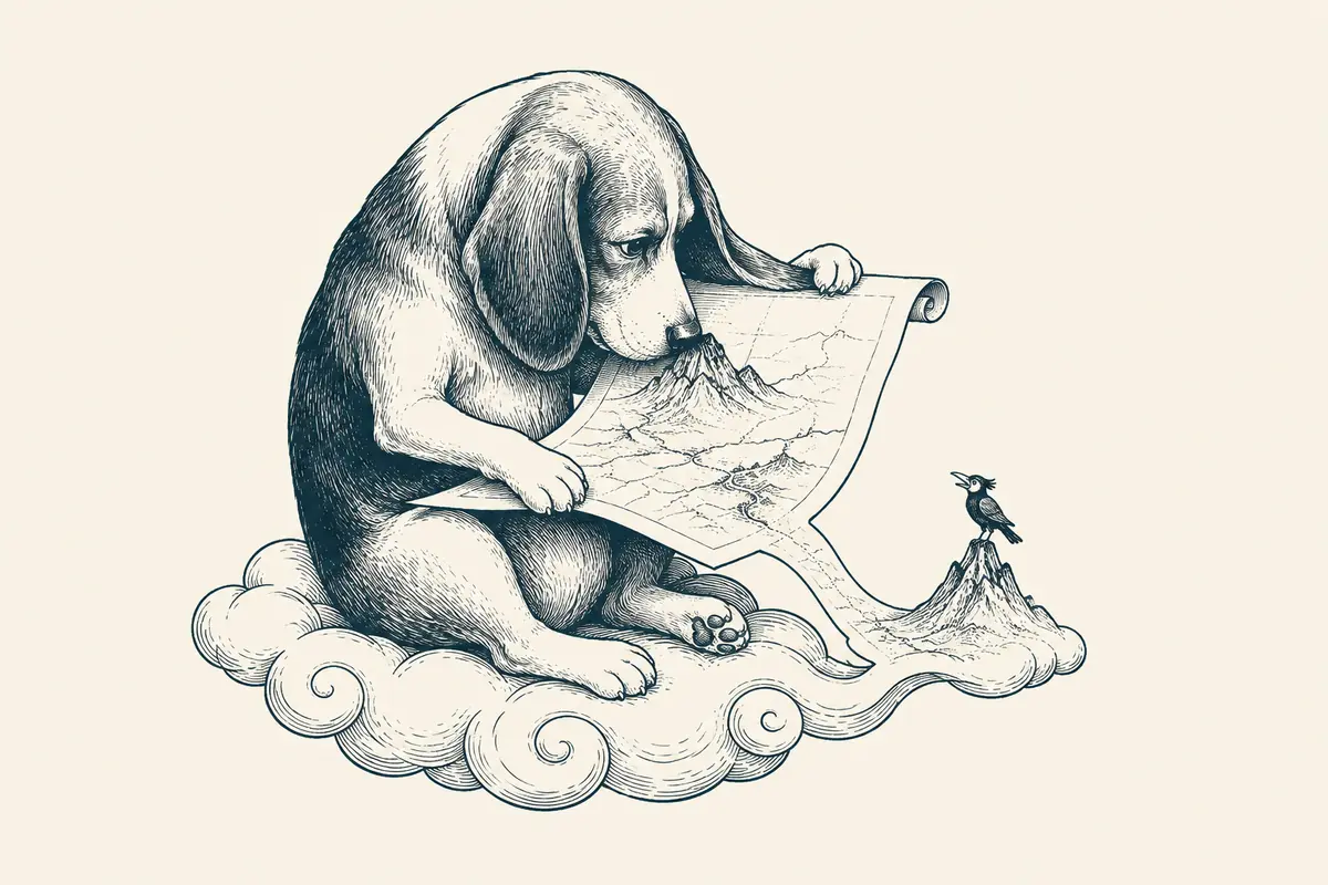 版刻阶段的主视觉,比格犬坐在云上读地图,纸卷延伸成山,山上停着一只鸟